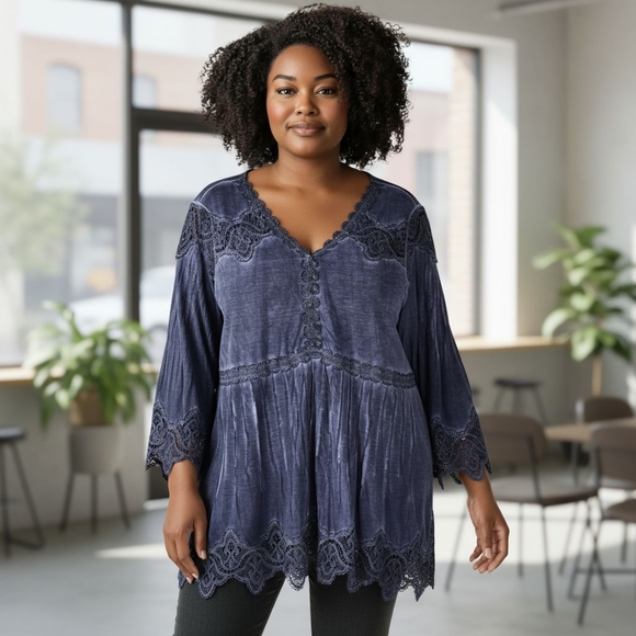 Soft Surroundings Midnight Blue Tunic Top Viscose Lace Elegant Lace Trimmed 3X - Picture 1 of 10